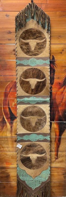Cowhide Table Runner - Steer Head w/ Turquoise (Light Leather)